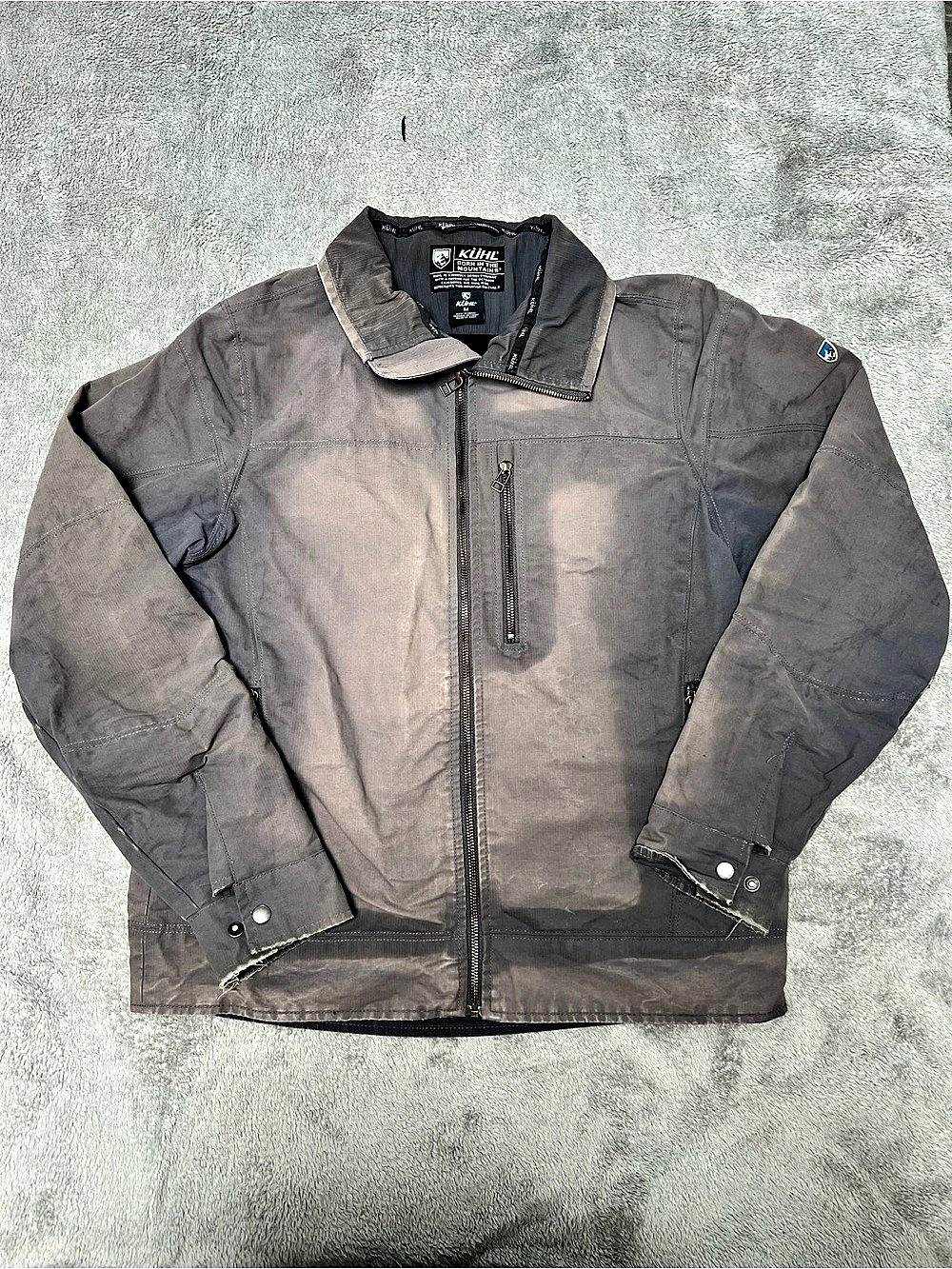 Kuhl Burr Lined Jacket Men's Gray Cotton Blend Patina Dye Jacket Distressed Medi